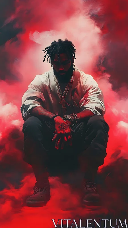 Moody figure seated in red smoke with strong silhouettes.