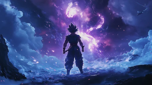 Silhouetted fighter facing luminous cosmic energy vortex.