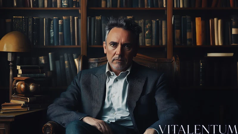 Library-seated intellectual under warm directional study lighting.