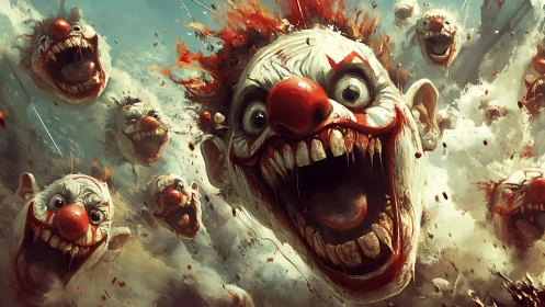 Horde of deranged clowns erupts from swirling smoke clouds