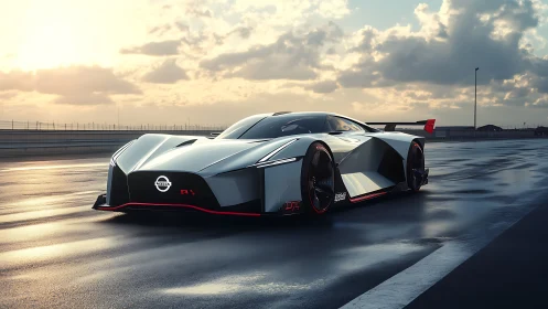 Futuristic concept hypercar accelerates across wet racetrack at dusk