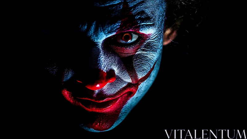 Clown face emerges from deep black with harsh red-blue light