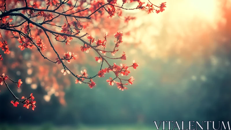 Blushing cherry branches drifting through sunrise haze.