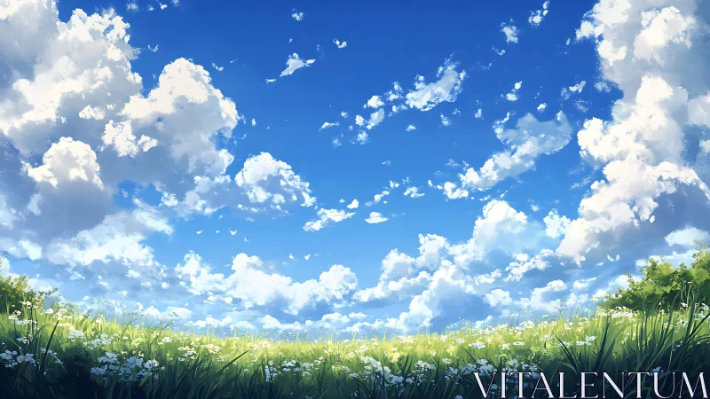 Cloud-filled blue sky stretches above detailed grassy meadow
