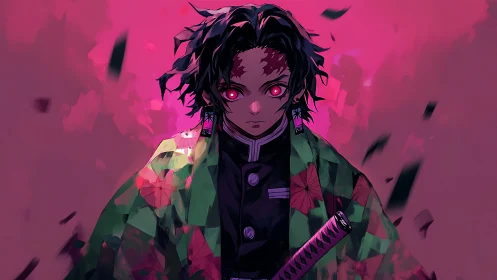 Crimson-eyed swordsman in shattered neon aura portrait.