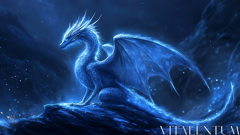 Luminous blue dragon resting on a rocky ridge at night.