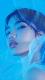 Close portrait of female face in monochrome blue lighting.