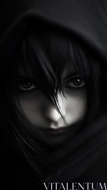 Hooded dark haired figure with intense shadowed stare.