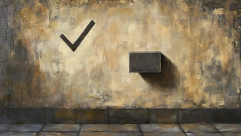 Minimalist checkmark and shadowed box on textured wall.
