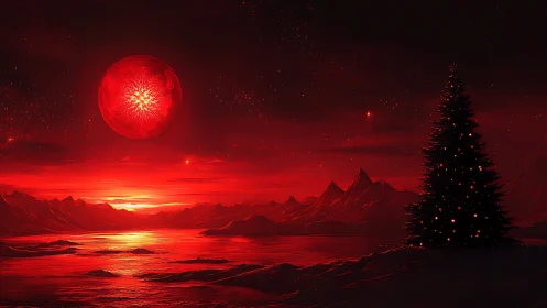 Crimson winter moonrise over a quietly glowing pine tree.