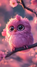 Fluffy pink owl perches in dreamy cherry blossom glow