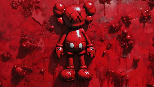 Red vinyl cartoon figure on textured sculptural wall.