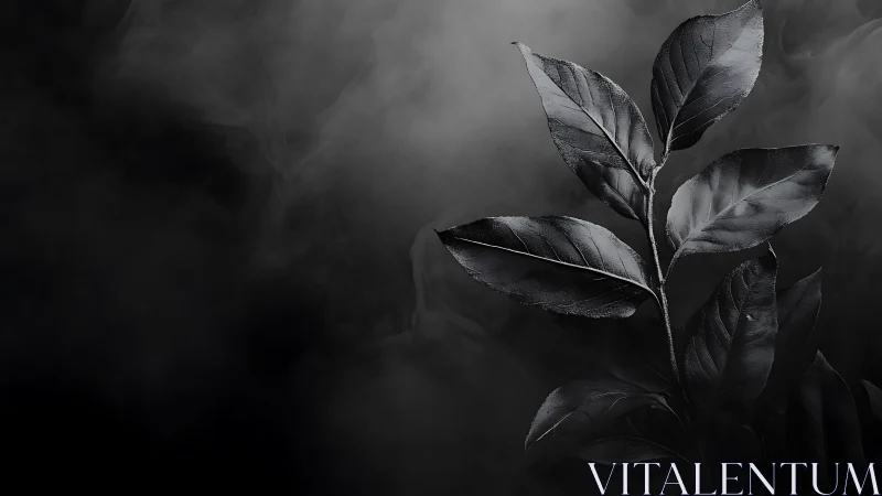 Black foliage silhouette against drifting monochrome mist.