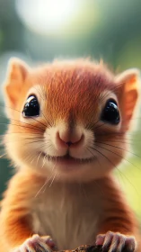 Bright-eyed baby squirrel peeks into the soft green morning.