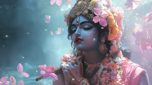 Divine blue deity amid pink petals and golden adornment.