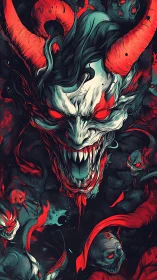 Horned demonic skull illustration with red glowing eyes.