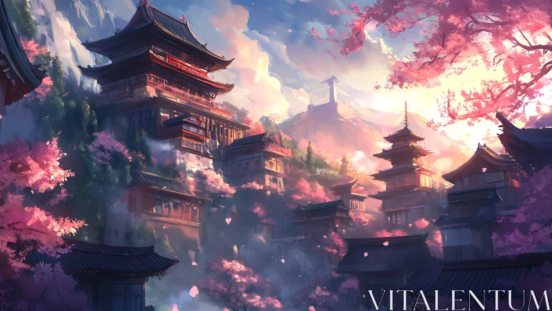 Blossom-draped mountain temples basking in dreamlit dawn.