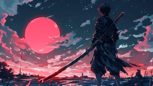 Lone samurai studies blood-red moon above ruined horizon