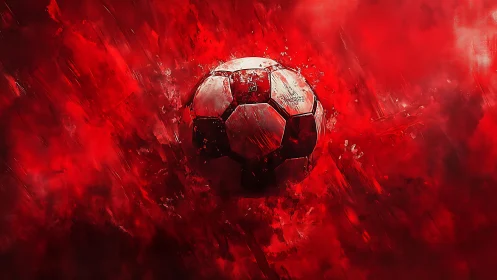 Burning red soccer ball bursts through swirling abstract smoke