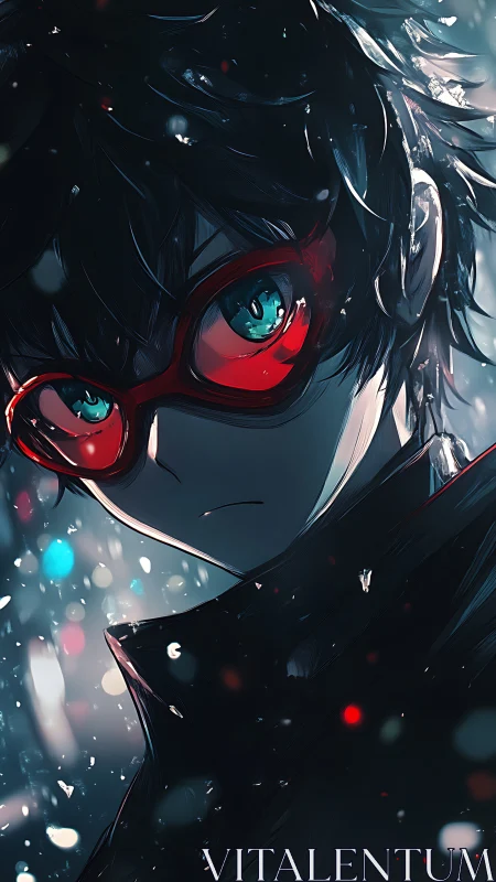 Anime boy with red glasses stares forward in glowing bokeh