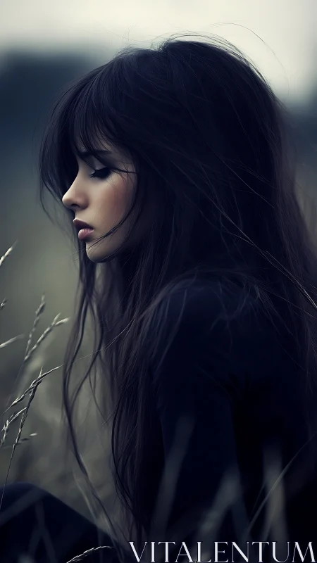 Side profile of young woman in muted outdoor setting.