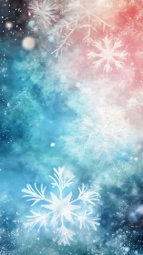 Iridescent snowflakes drift across blue and pink winter haze