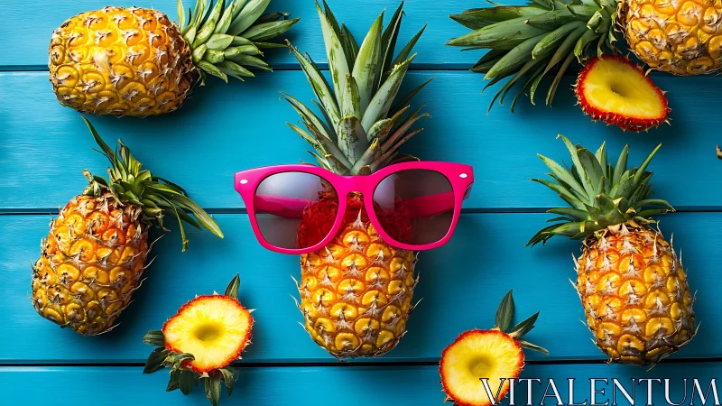 Whole and sliced pineapples with sunglasses on blue surface.