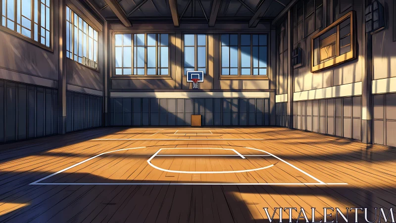 Sunlit indoor basketball court renders long structural shadows