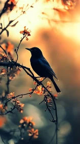 Gentle songbird rests among glowing blossoms at sunset