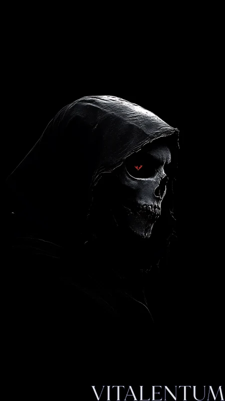 Mysterious hooded skull with glowing red eye in shadow.