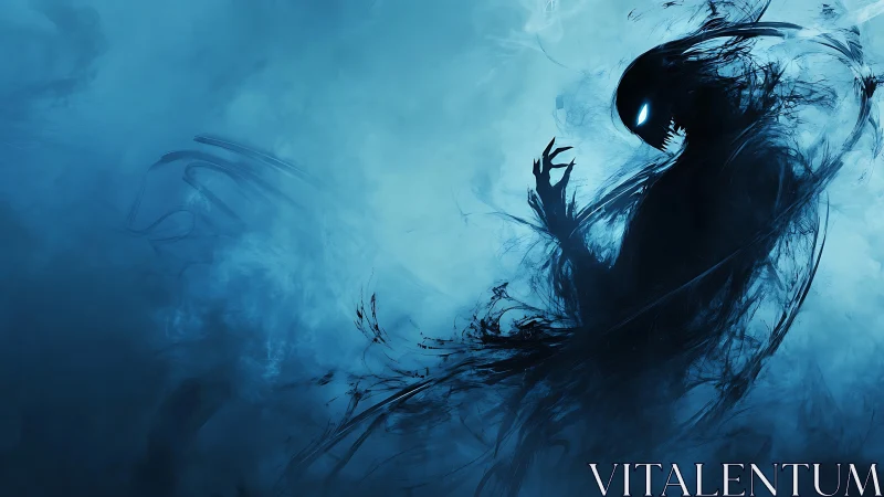 Shadowy blue spirit emerging from swirling midnight mist.