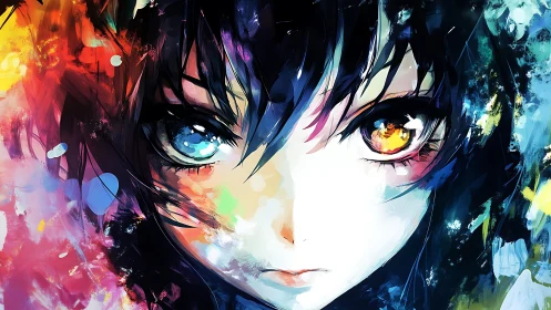 Anime portrait with dual-color eyes and abstract color fields.