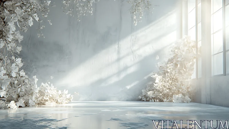 Sunlit white floral studio interior in soft minimal light
