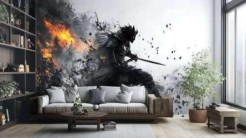 Shadowblade warrior ignites a serene modern living room wall.