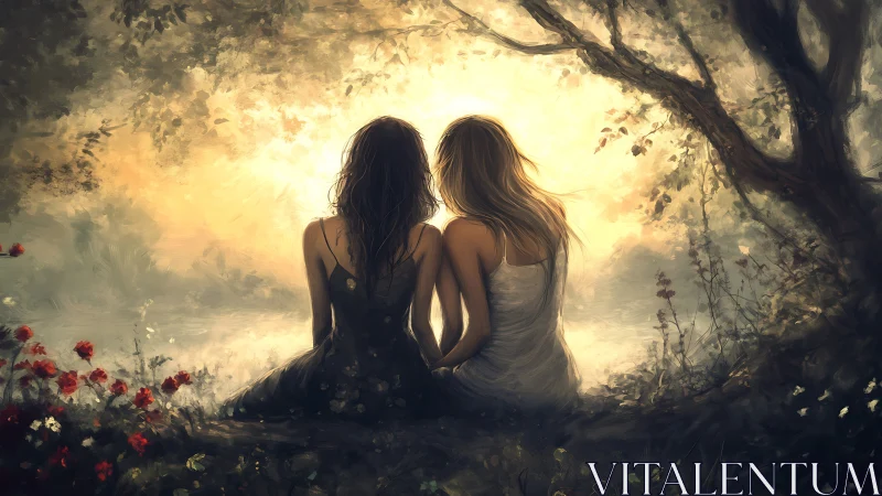 Two Women Sitting Together in a Dreamy Forest, Digital Art Style.