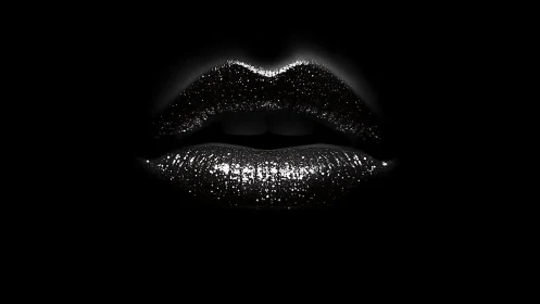 Specular-lit glitter lips isolate against deep black negative space