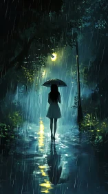 Quiet umbrella walk beneath a rainy midnight streetlamp.