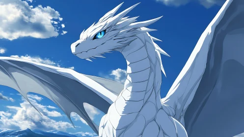 White dragon with blue eyes against open sky background.