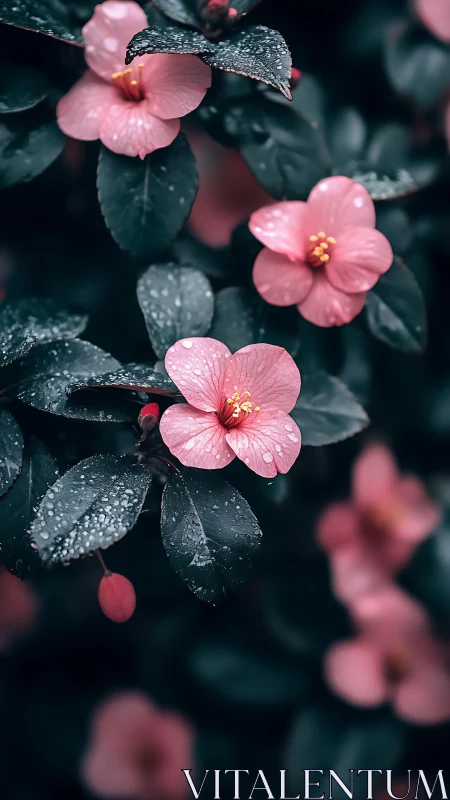 Pink petals dance in glistening rain against deep emerald foliage