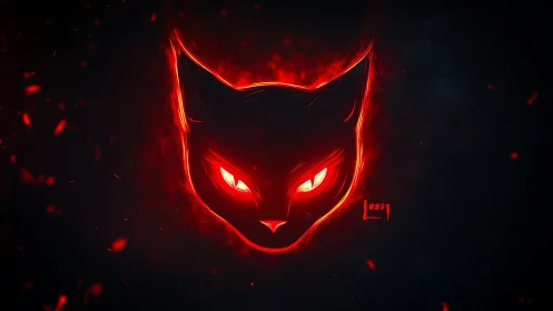 Glowing red feline head silhouette on dark abstract field.