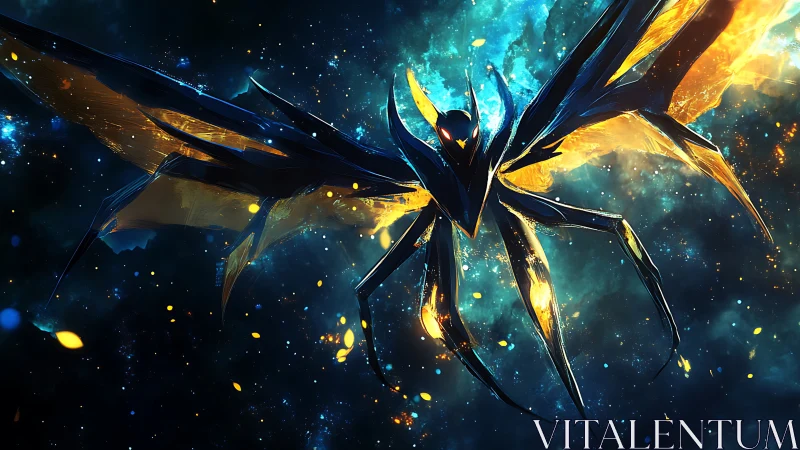 Starforged astral mantis unfurls molten wings in void.