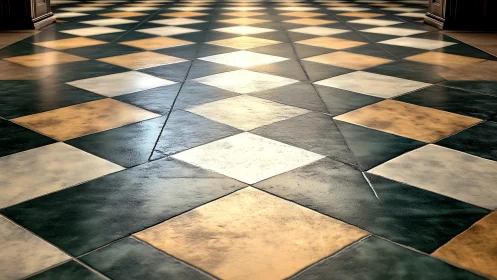 Diagonal checkerboard stone tiles with warm studio lighting.