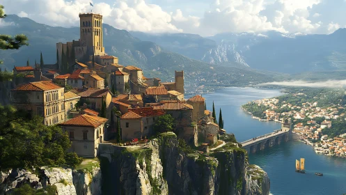 Hilltop stone city overlooks wide bay and arched bridge