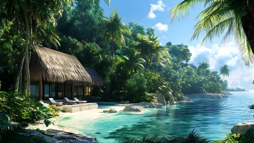 Tropical Waterfront Residence With Thatched Roof Structure.