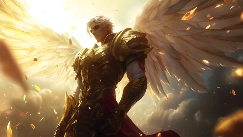 Sun-forged archangel pauses mid-flight to guard the horizon
