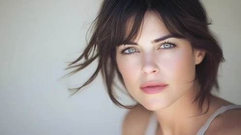 Softly lit portrait with calm blue eyes and gentle gaze.