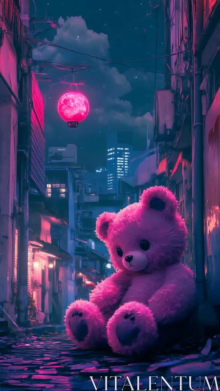 Neon moonlit alley cradles giant pink teddy in quiet wonder.
