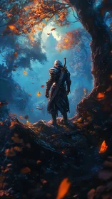 Armored figure stands in a blue forest facing distant peak