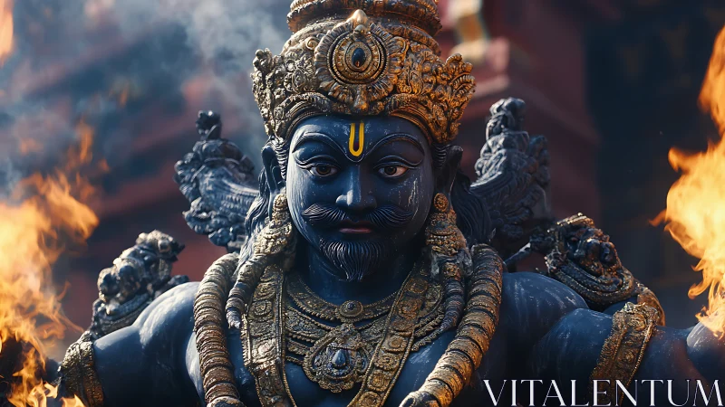 Blue multi-armed deity statue amid flames and ornaments.