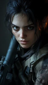 Battle-hardened female soldier with rifle in close portrait.